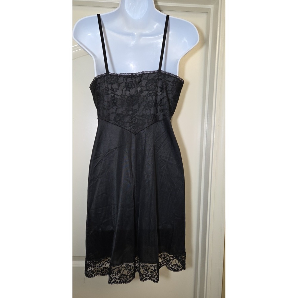 Vtg 1960s Vanity Fair Tricot Nylon‎ Lace Bodice Black Slip Dress Size 32 Short - Picture 6 of 11
